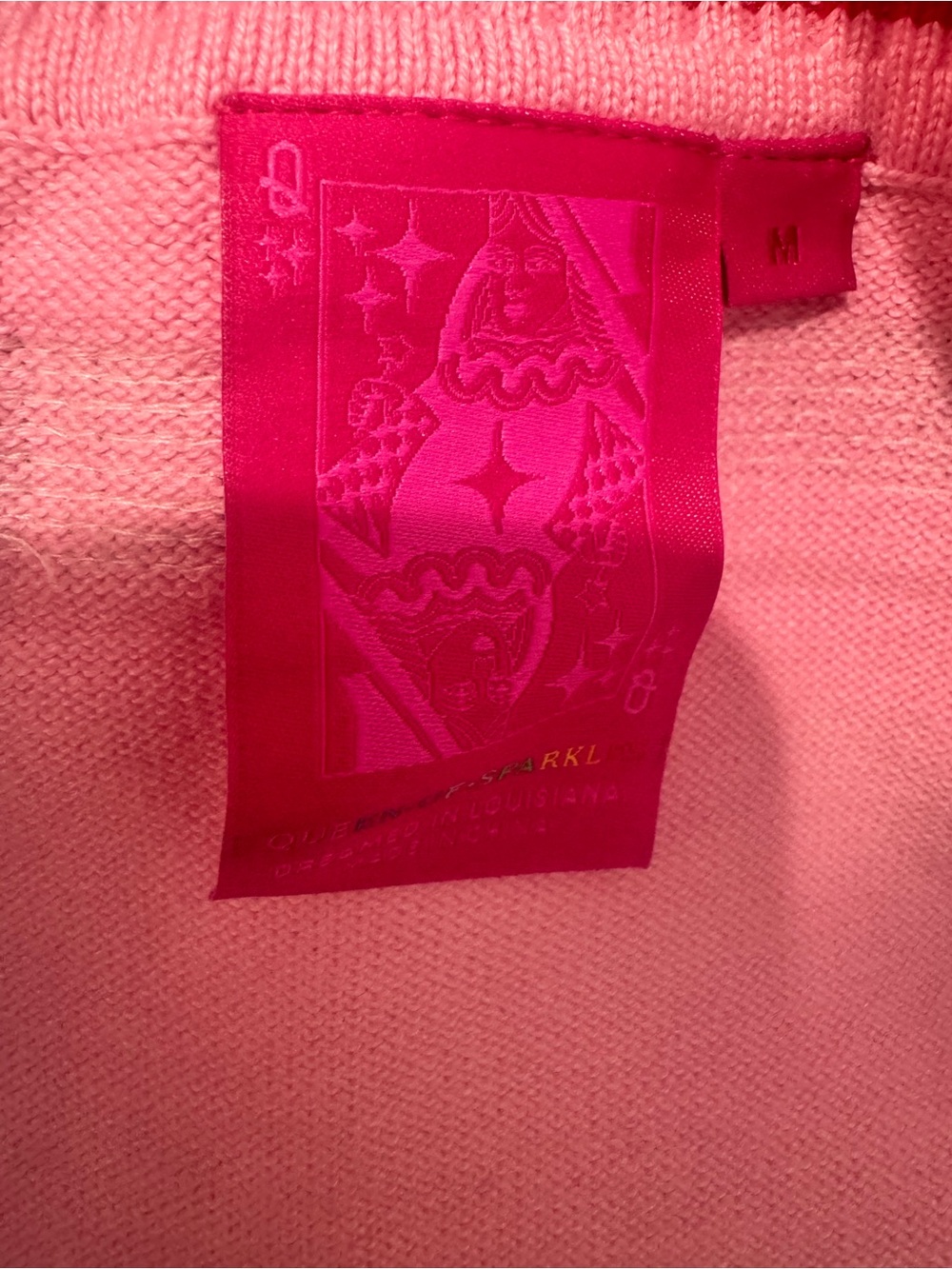 New! QUEEN OF SPARKLES Pink Sequin Medical Supply VβNeck Cardigan - Picture 9 of 10